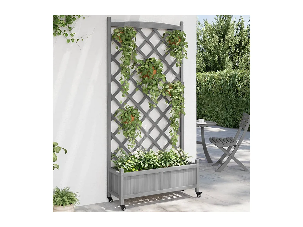Jardinière avec treillis et roues gris bois massif de sapin