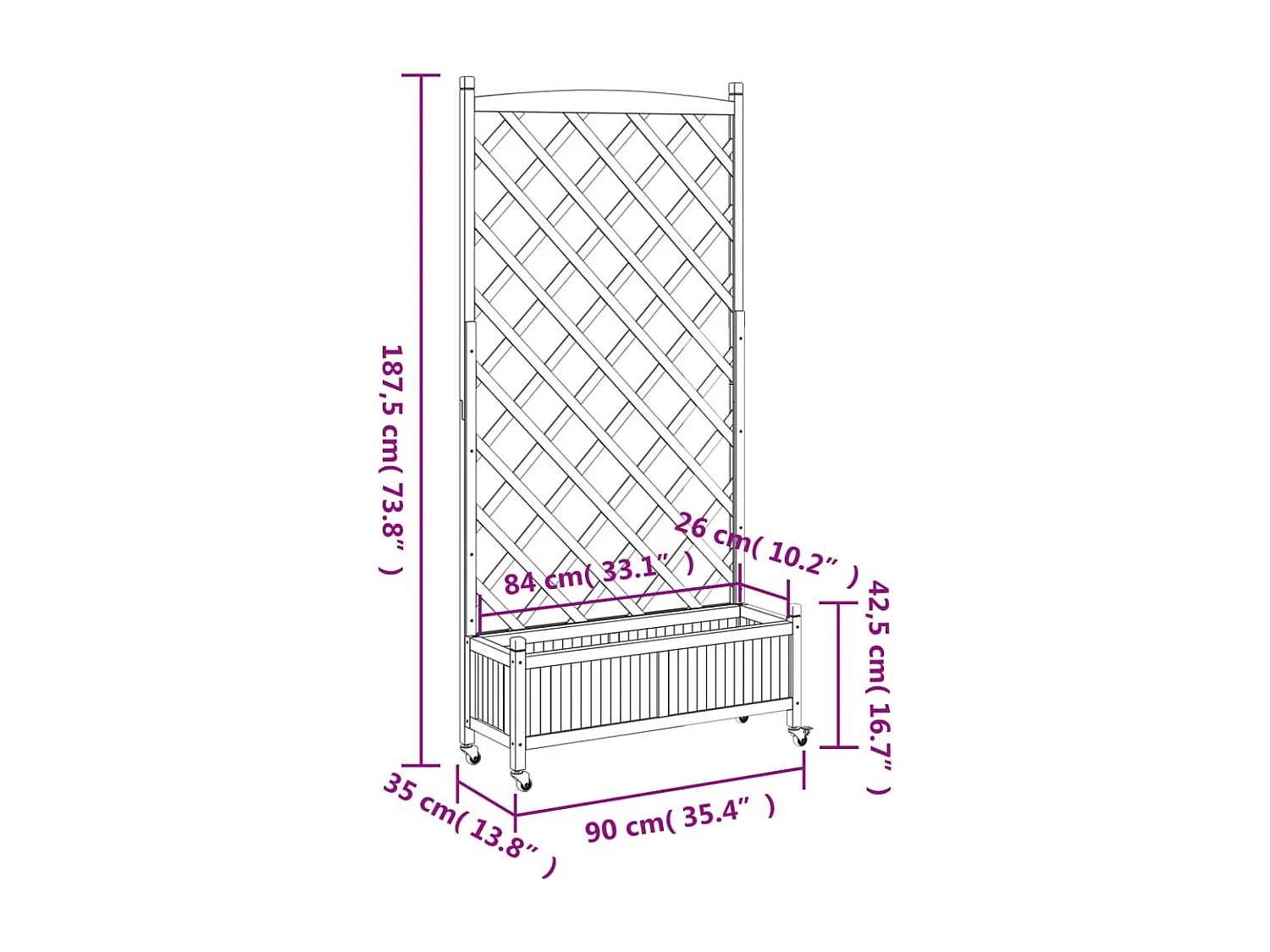 Vaso/floreira com treliça e rodas madeira abeto maciça cinzento