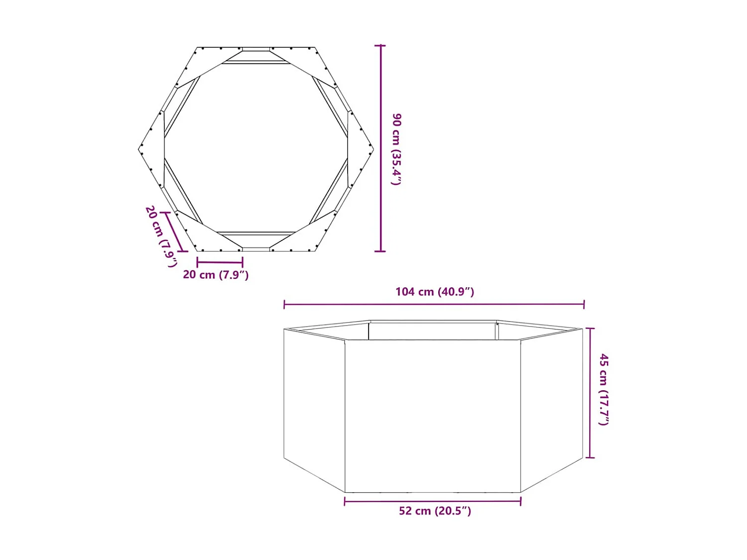 Jardinière vert olive hexagone 104x90x45 cm acier