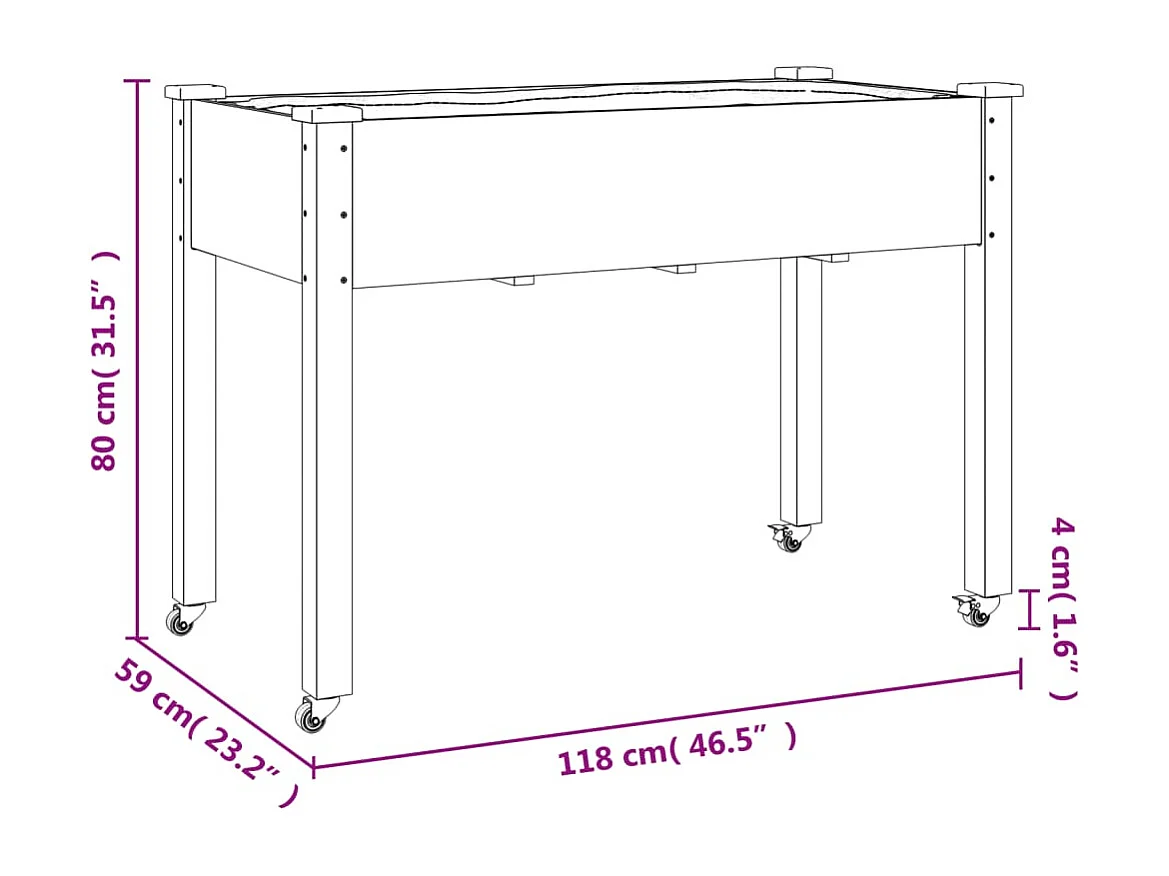 Jardinière sur roues avec doublure 118x59x80 cm bois de sapin