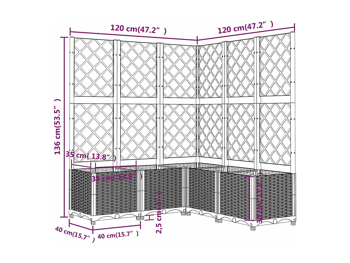 Fioriera da Giardino con Graticcio Marrone 120x120x136 cm in PP