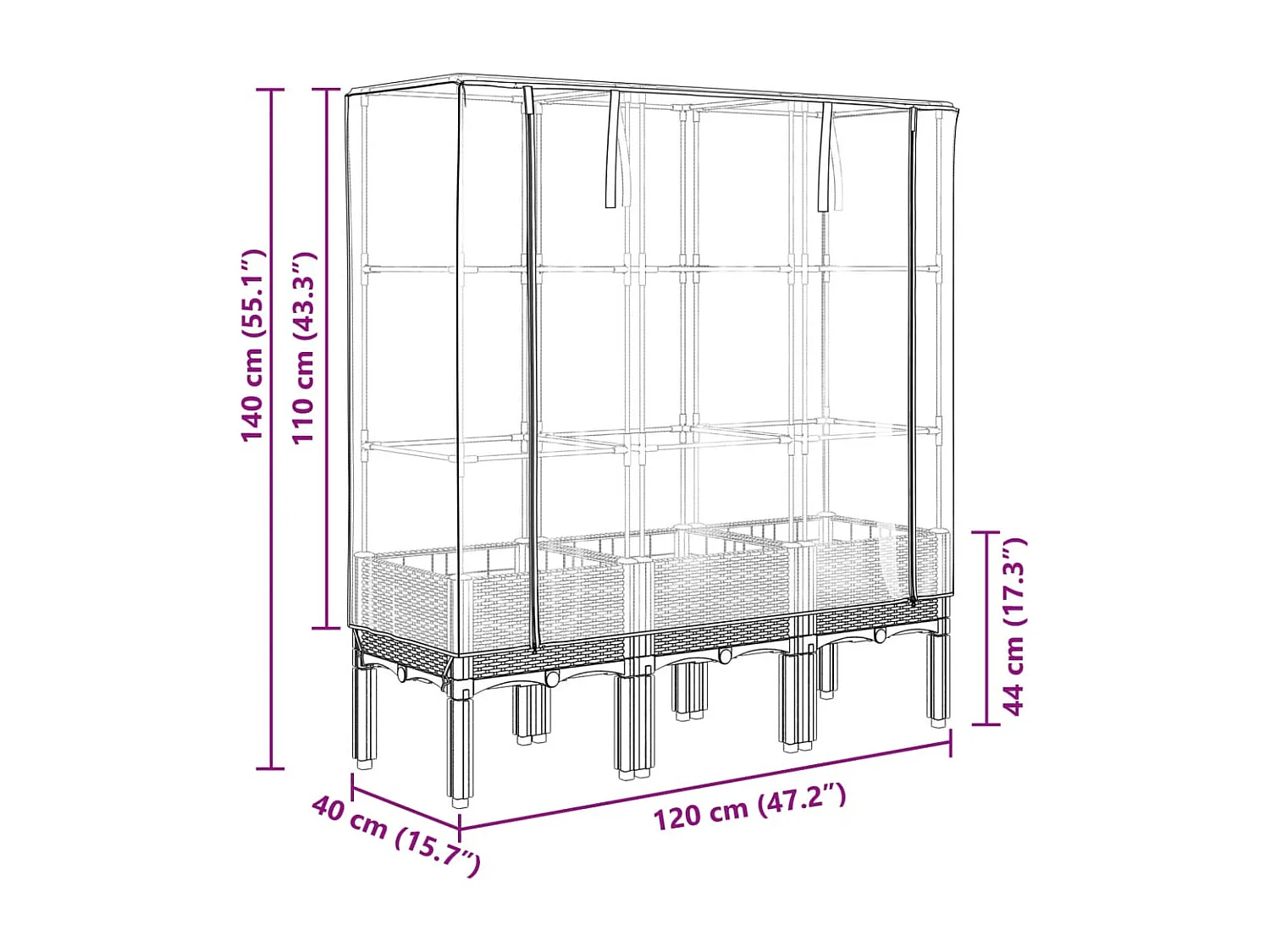 Jardinière surélevée avec housse aspect rotin 120x40x140 cm