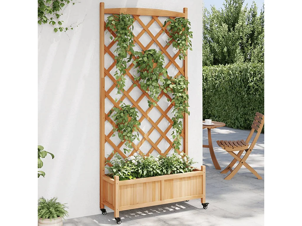 Jardinière avec treillis et roues marron bois massif de sapin