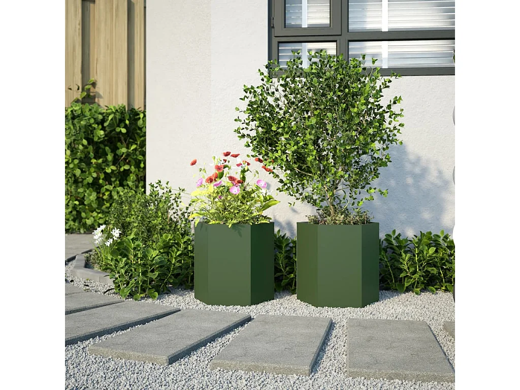 Jardinières 2 pcs vert olive hexagone 46x40x45 cm acier