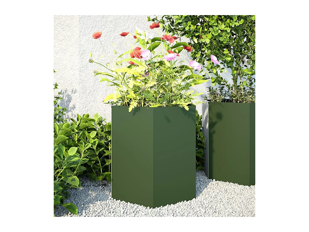 Jardinières 2 pcs vert olive hexagone 46x40x45 cm acier