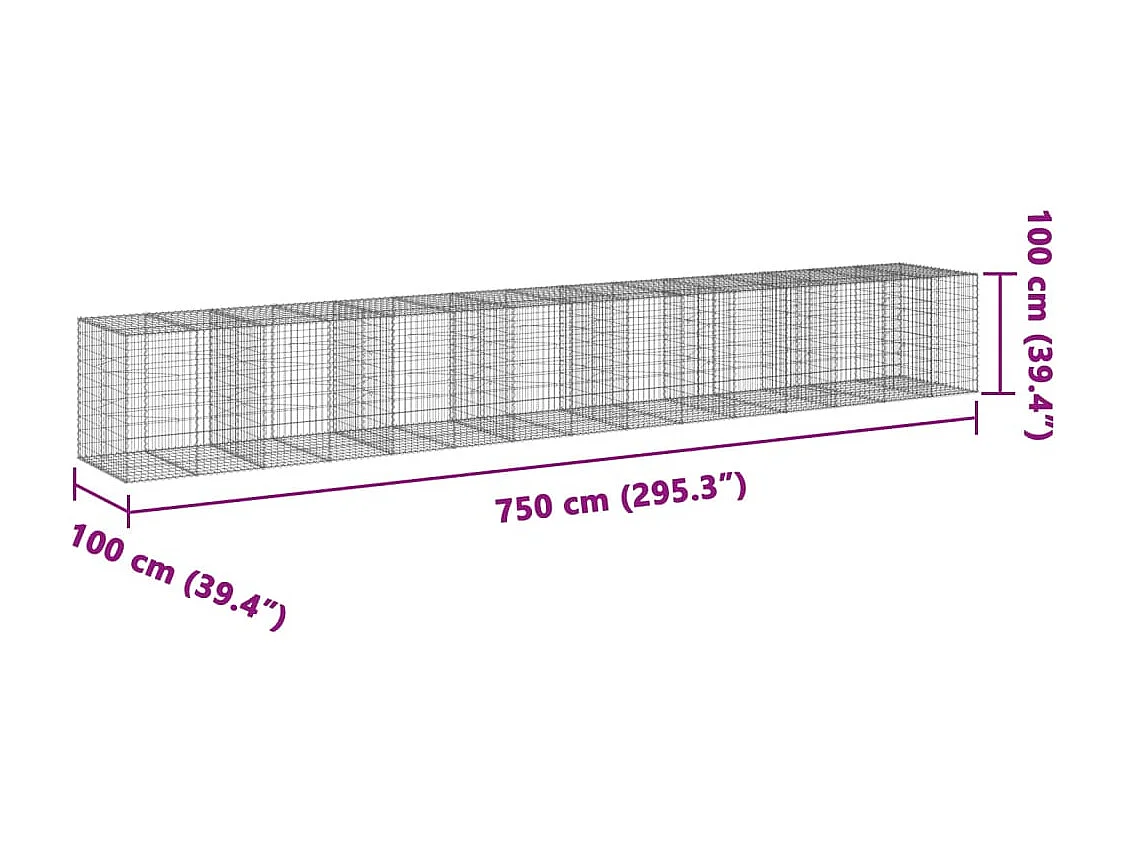 Panier gabion avec couvercle 750x100x100 cm fer galvanisé