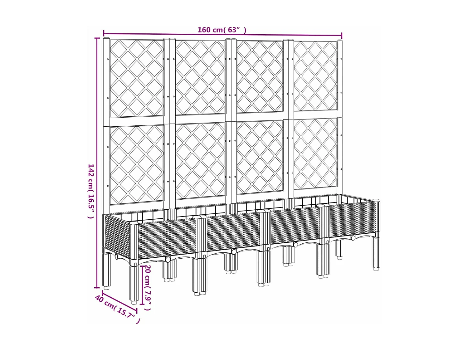 Plantenbak met latwerk 160x40x142 cm polypropeen wit