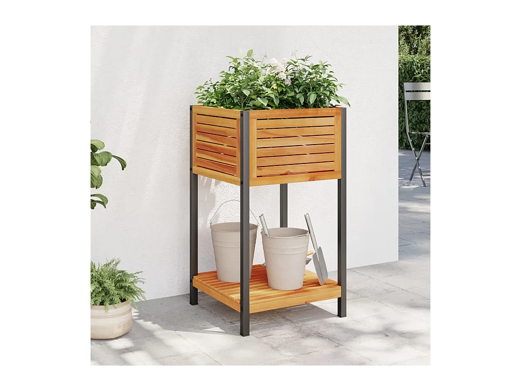 Jardinière et étagère 45x45x80 cm bois massif d'acacia et acier