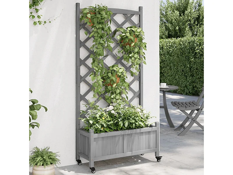 Plantenbak met latwerk en wielen massief vurenhout grijs