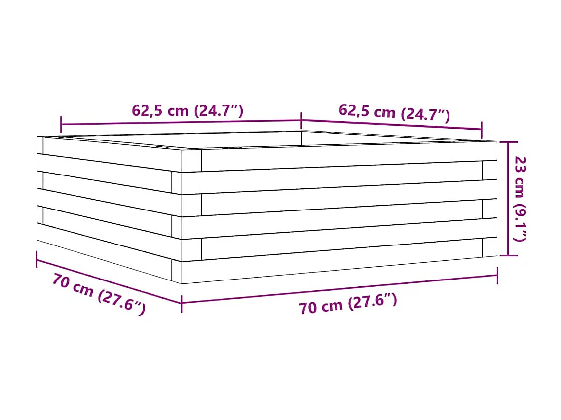 Vaso/floreira de jardim 70x70x23 cm madeira de pinho impregnada