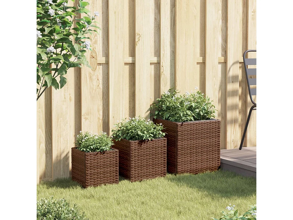 Jardinières d'extérieur 3 pcs marron résine tressée
