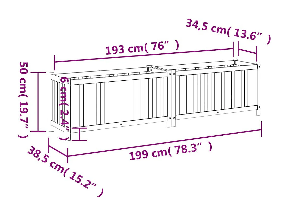 Jardinière avec doublure 199x38,5x50 cm bois massif d'acacia