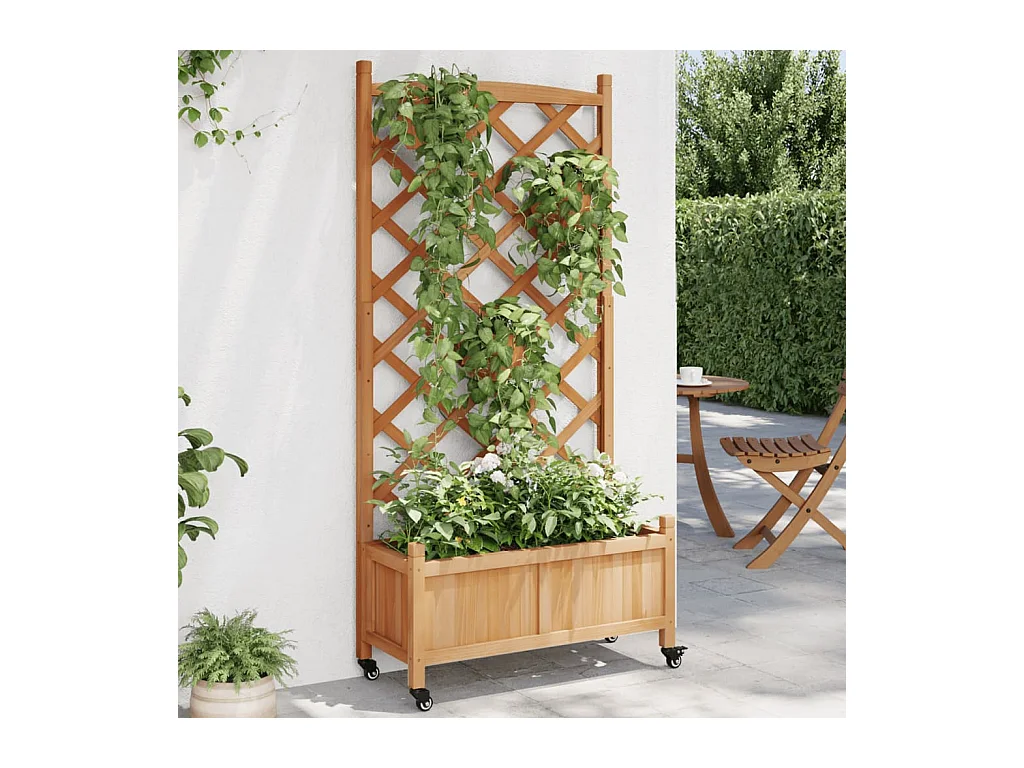 Jardinière avec treillis et roues marron bois massif de sapin