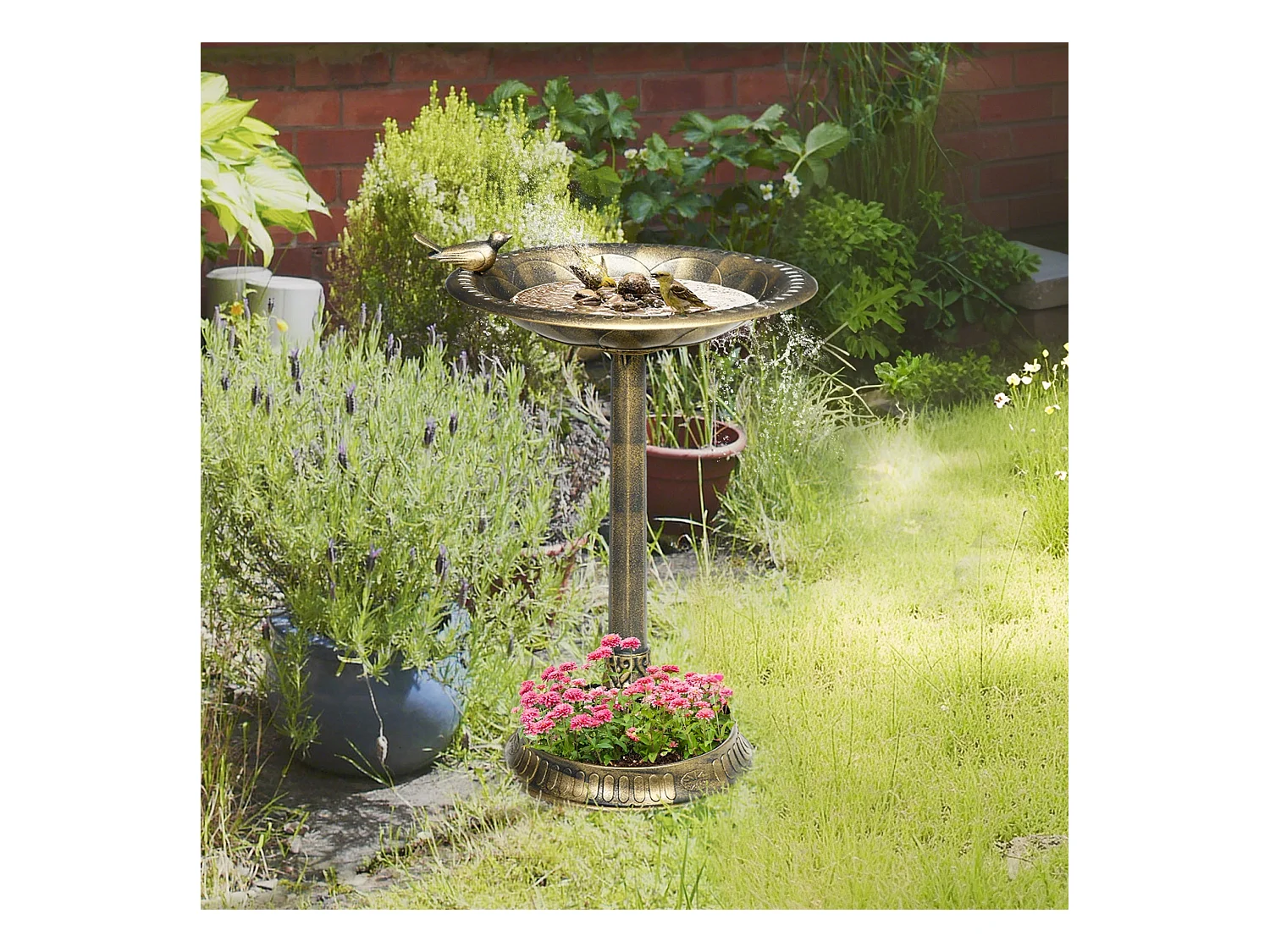 Bain d'oiseaux abreuvoir pour oiseaux jardinière 3 en 1 dim. Ø 50 x 72H cm PP bronze antique