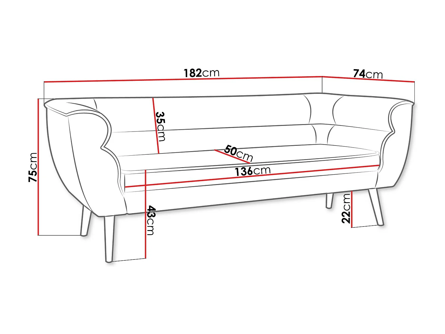 Canapé Glenview 100, Gris, 182x74x75cm, Tapisserie, Pieds: Bois