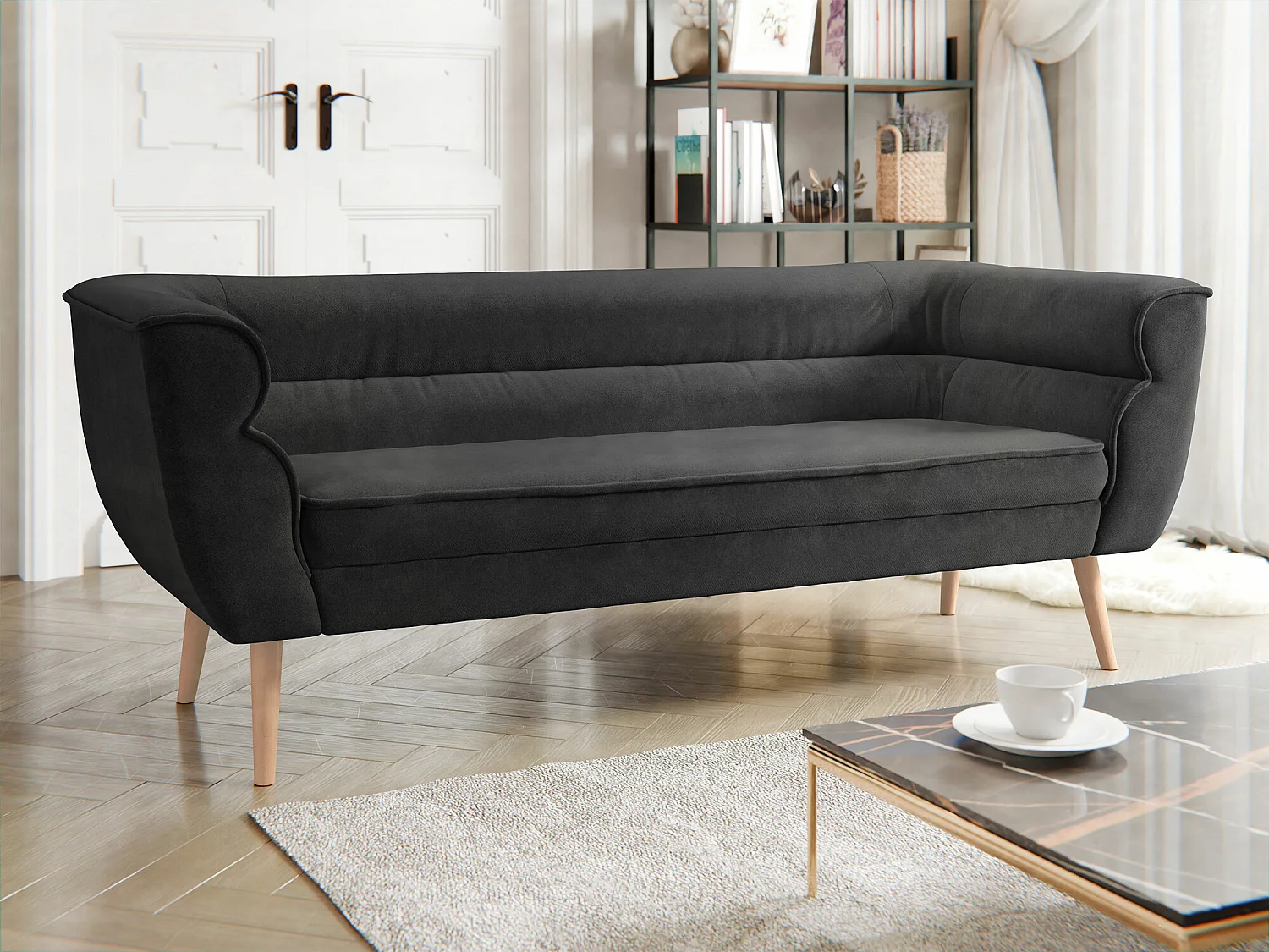 Canapé Glenview 100, Noir, 182x74x75cm, Tapisserie, Pieds: Bois