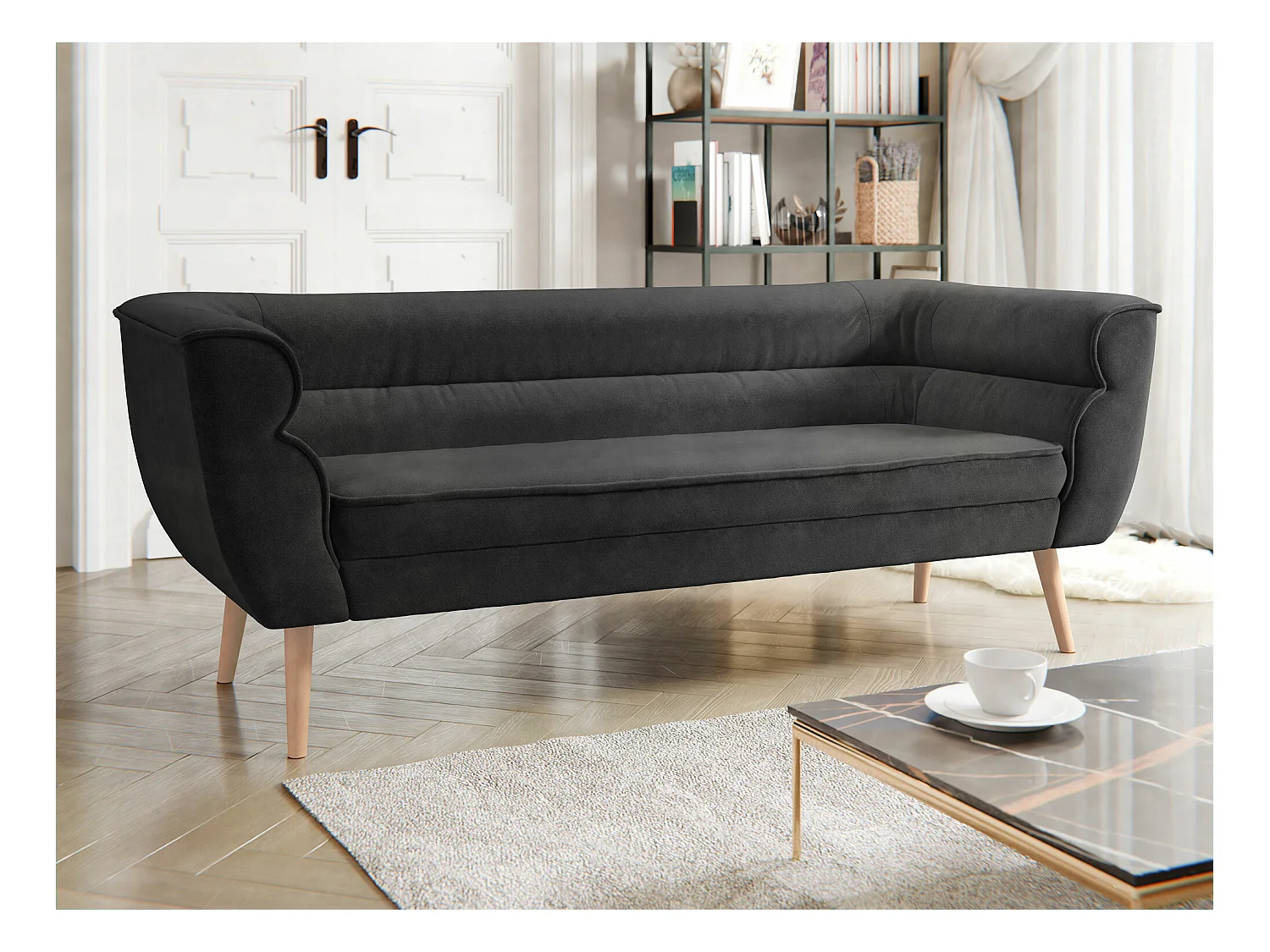 Canapé Glenview 100, Noir, 182x74x75cm, Tapisserie, Pieds: Bois