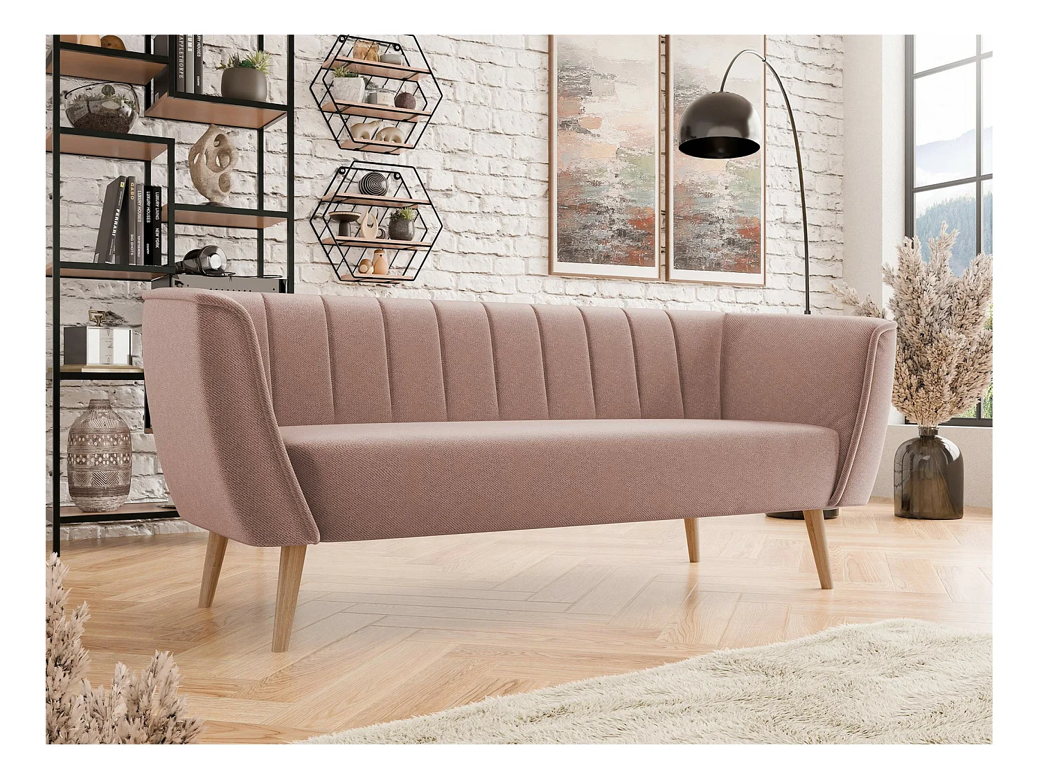 Canapé Glenview 103, Rose, 182x74x75cm, Tapisserie, Pieds: Bois