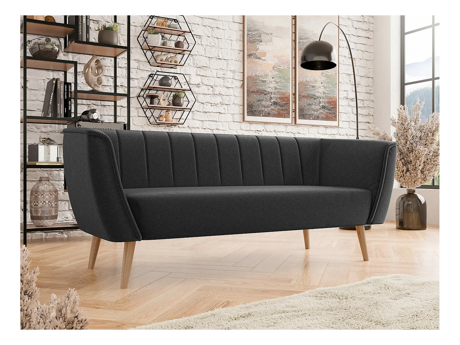 Canapé Glenview 103, Noir, 182x74x75cm, Tapisserie, Pieds: Bois