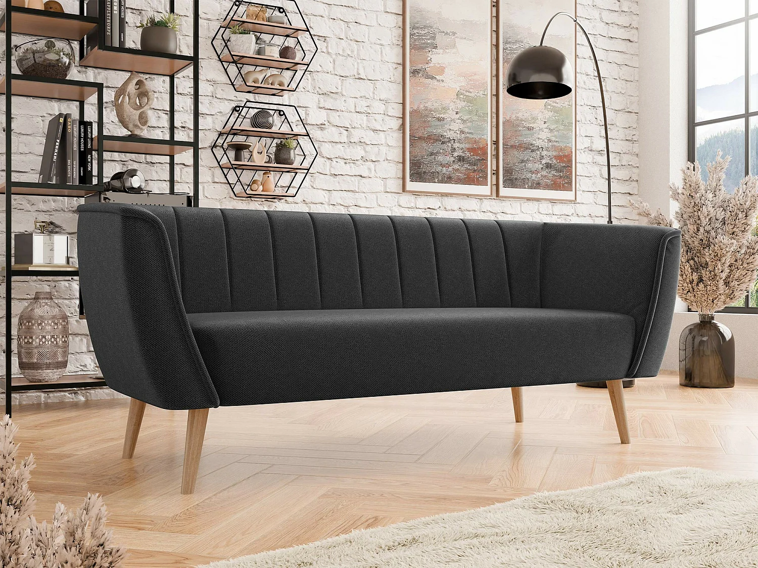 Canapé Glenview 103, Noir, 182x74x75cm, Tissu, Pieds: Bois