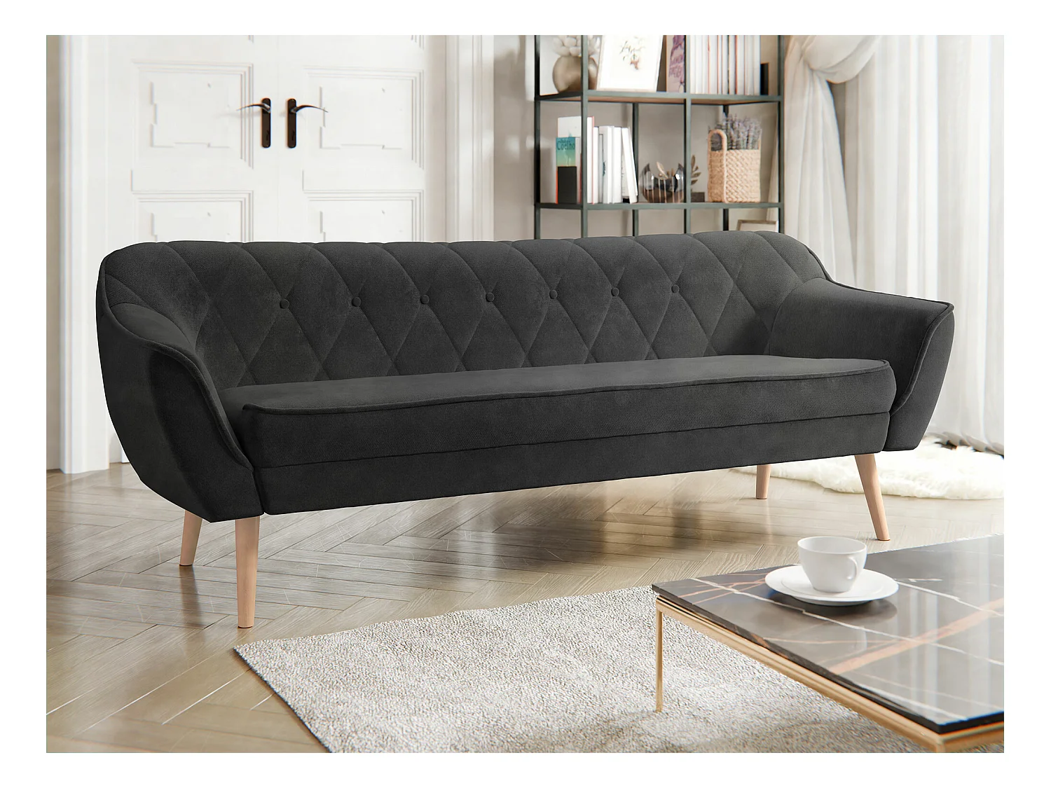 Canapé Glenview 106, Noir, 180x74x75cm, Tapisserie, Pieds: Bois