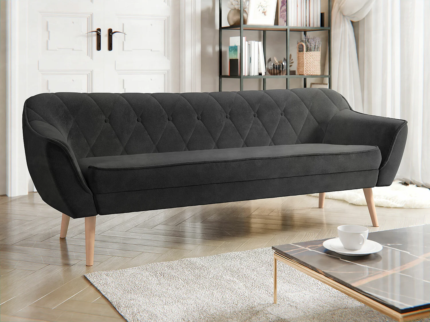 Canapé Glenview 106, Noir, 180x74x75cm, Tissu, Pieds: Bois