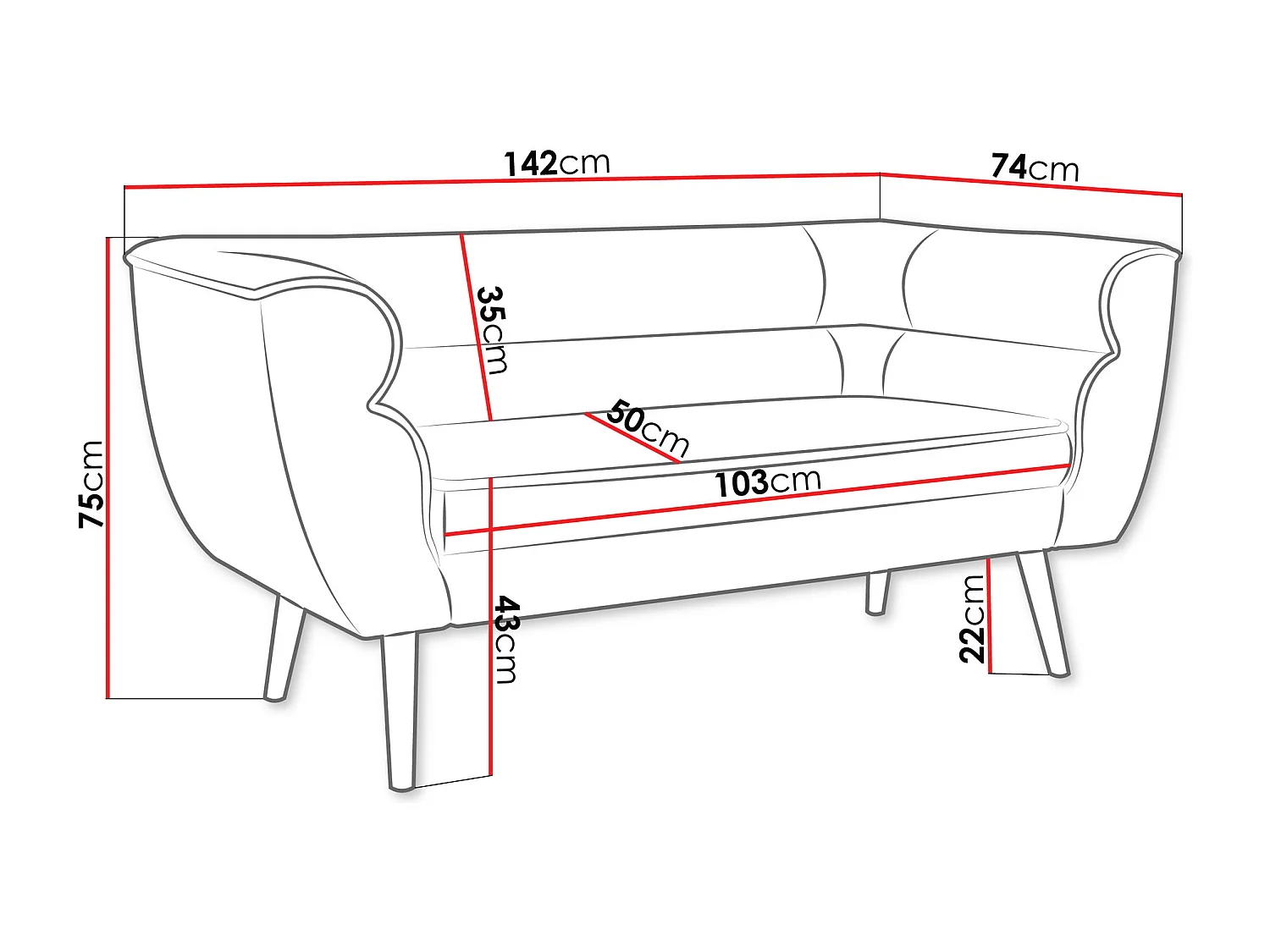 Canapé Glenview 101, Brun clair, 142x74x76cm, Tapisserie, Pieds: Bois