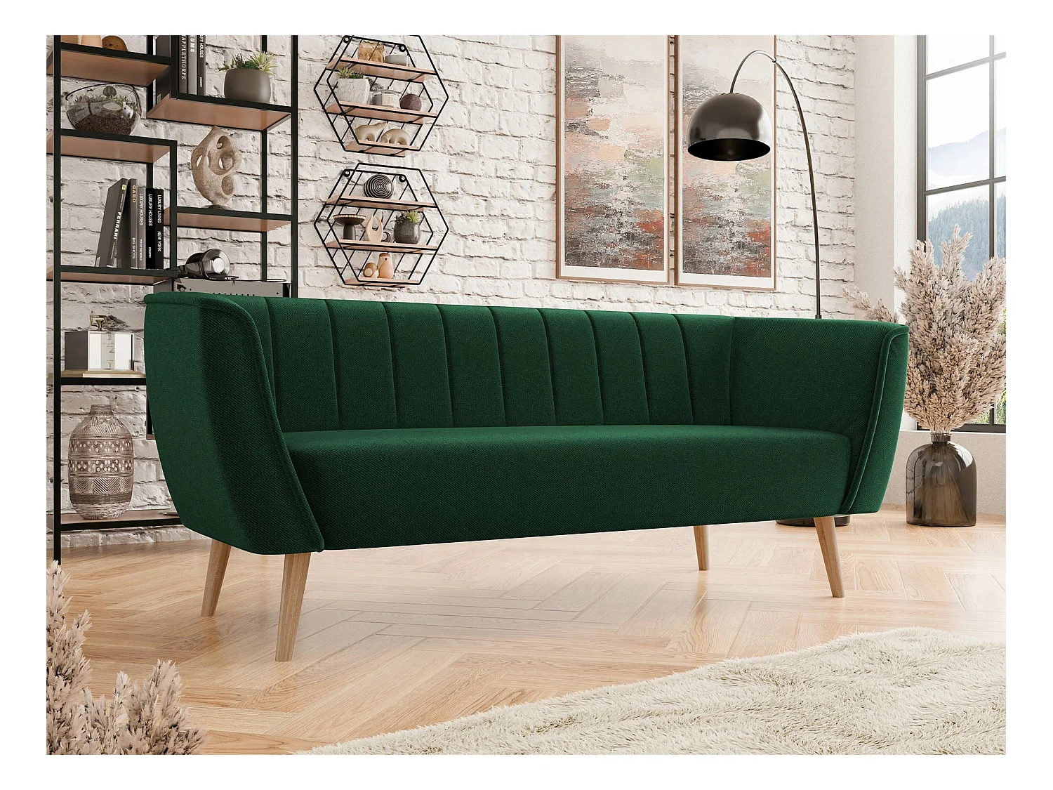 Canapé Glenview 103, Vert, 182x74x75cm, Tapisserie, Pieds: Bois