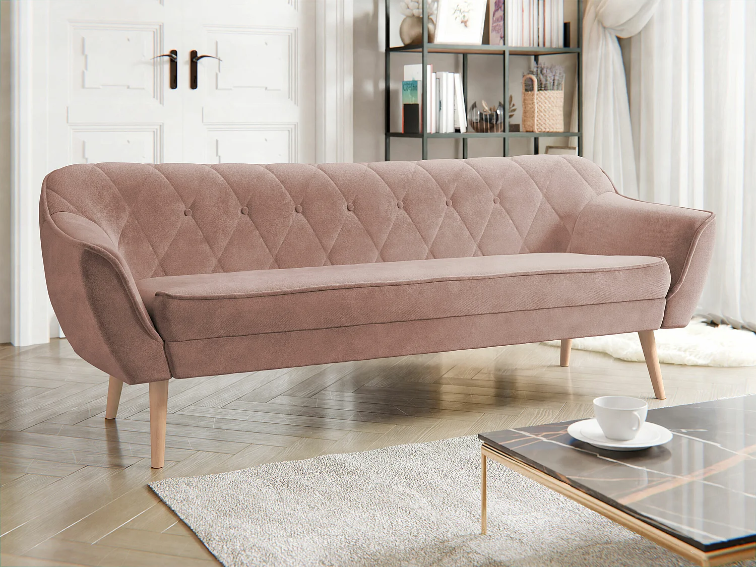 Canapé Glenview 106, Rose, 180x74x75cm, Tissu, Pieds: Bois
