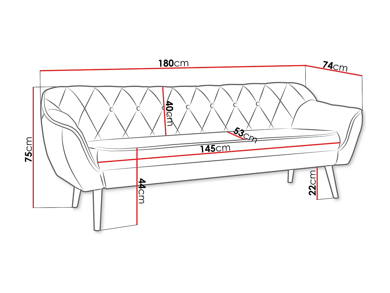 Canapé Glenview 106, Rose, 180x74x75cm, Tissu, Pieds: Bois