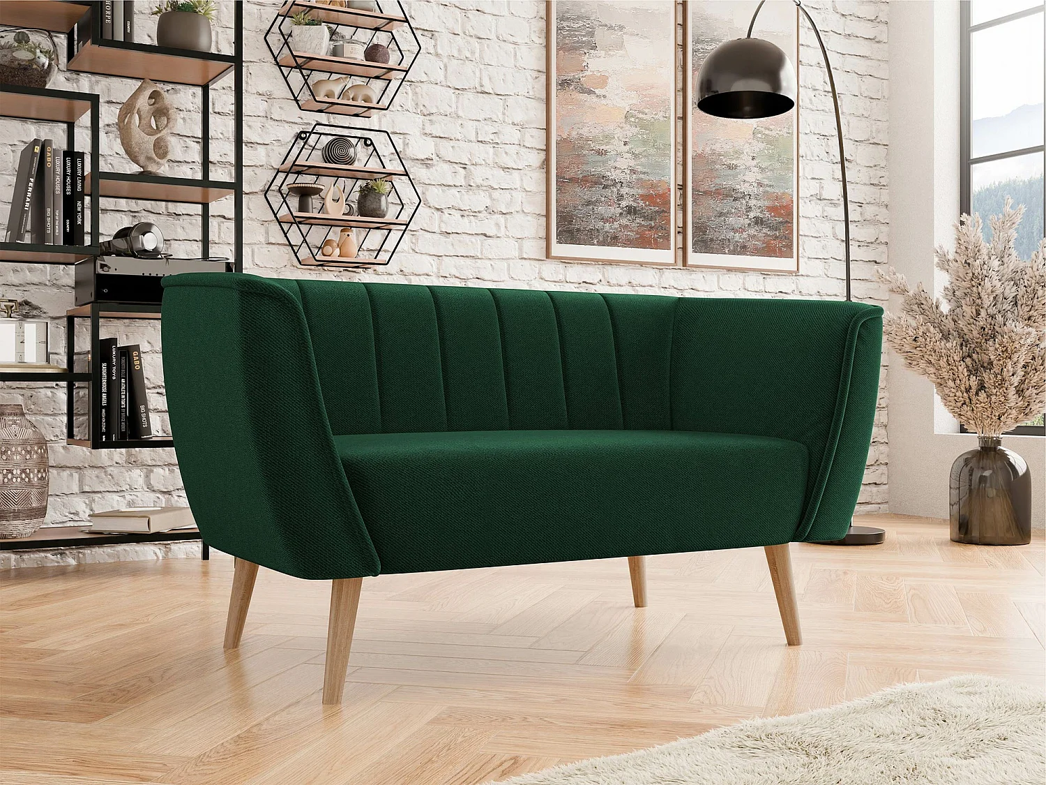 Canapé Glenview 104, Vert, 142x74x75cm, Tapisserie, Pieds: Bois