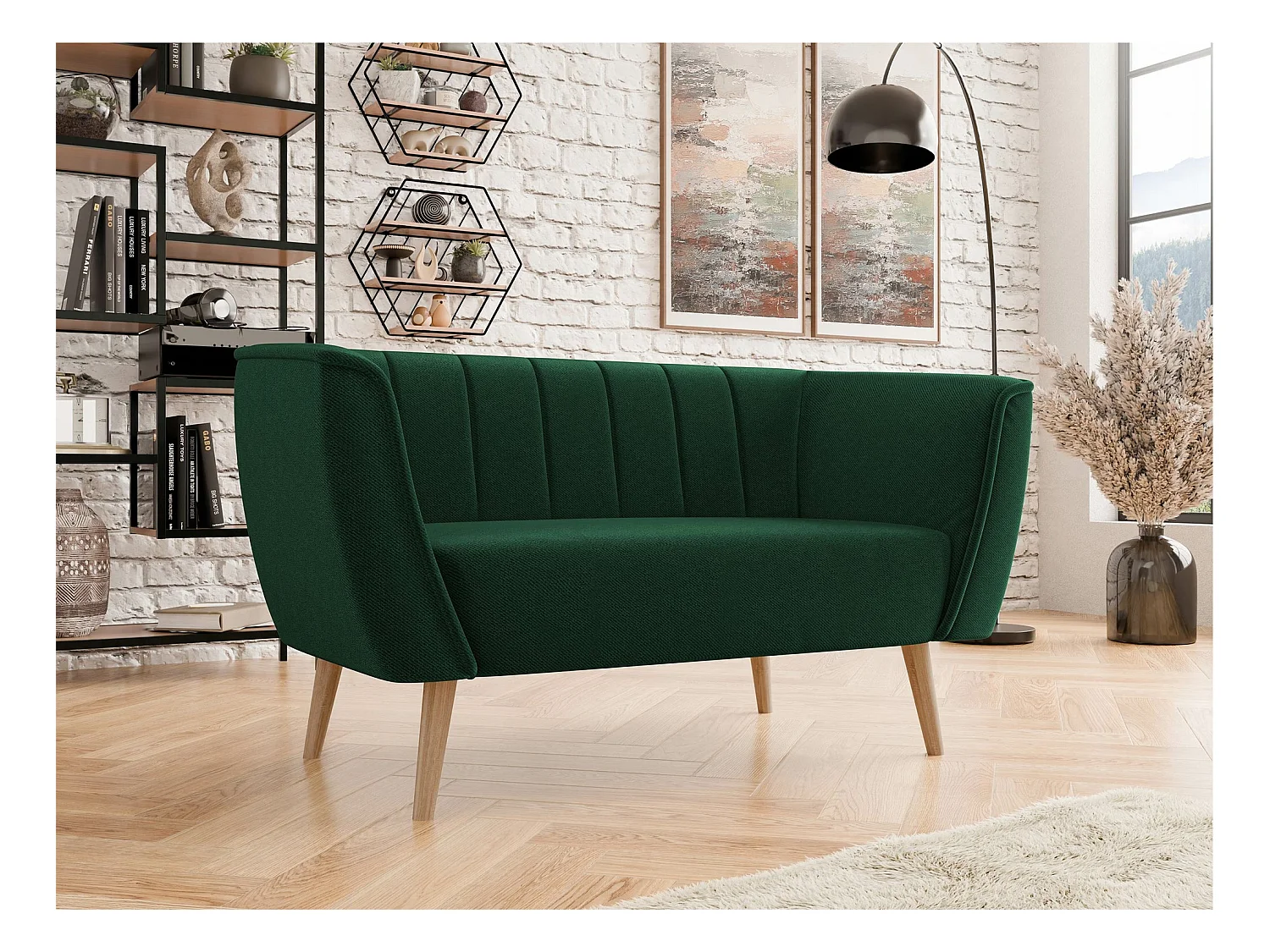 Canapé Glenview 104, Vert, 142x74x75cm, Tapisserie, Pieds: Bois