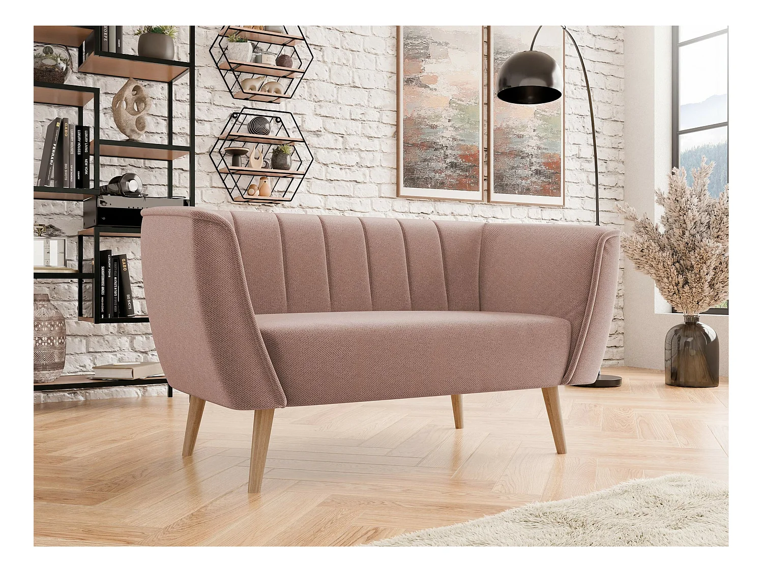 Canapé Glenview 104, Rose, 142x74x75cm, Tapisserie, Pieds: Bois