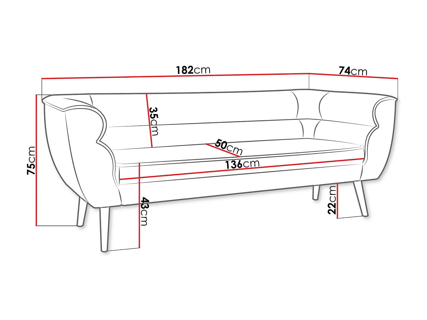 Canapé Glenview 100, Bleu, 182x74x75cm, Tapisserie, Pieds: Bois
