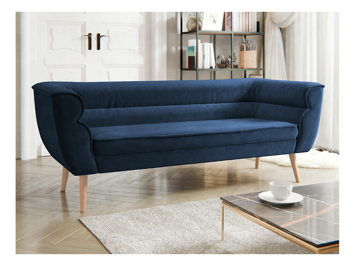 Canapé Glenview 100, Bleu, 182x74x75cm, Tapisserie, Pieds: Bois