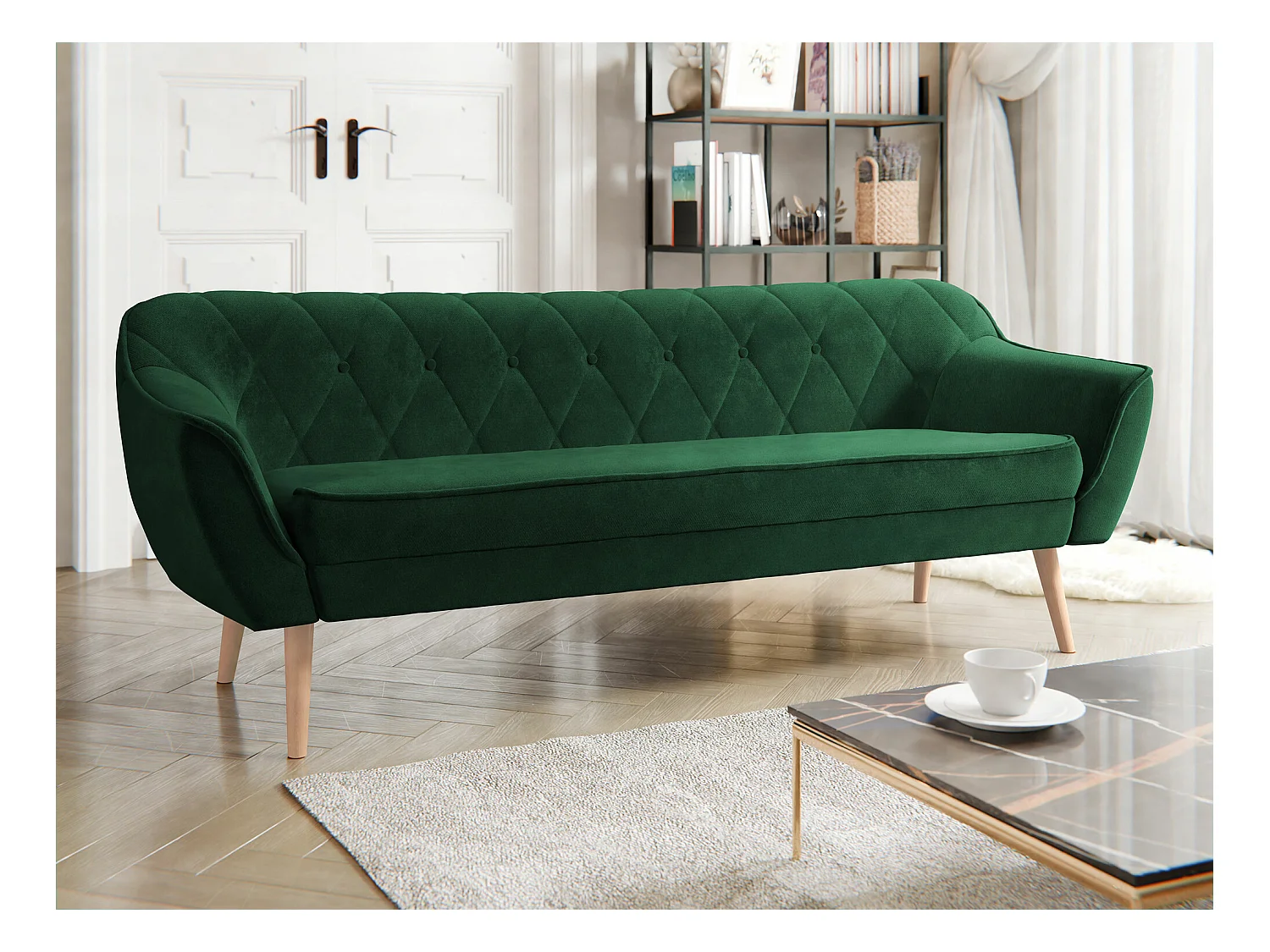 Canapé Glenview 106, Vert, 180x74x75cm, Tapisserie, Pieds: Bois