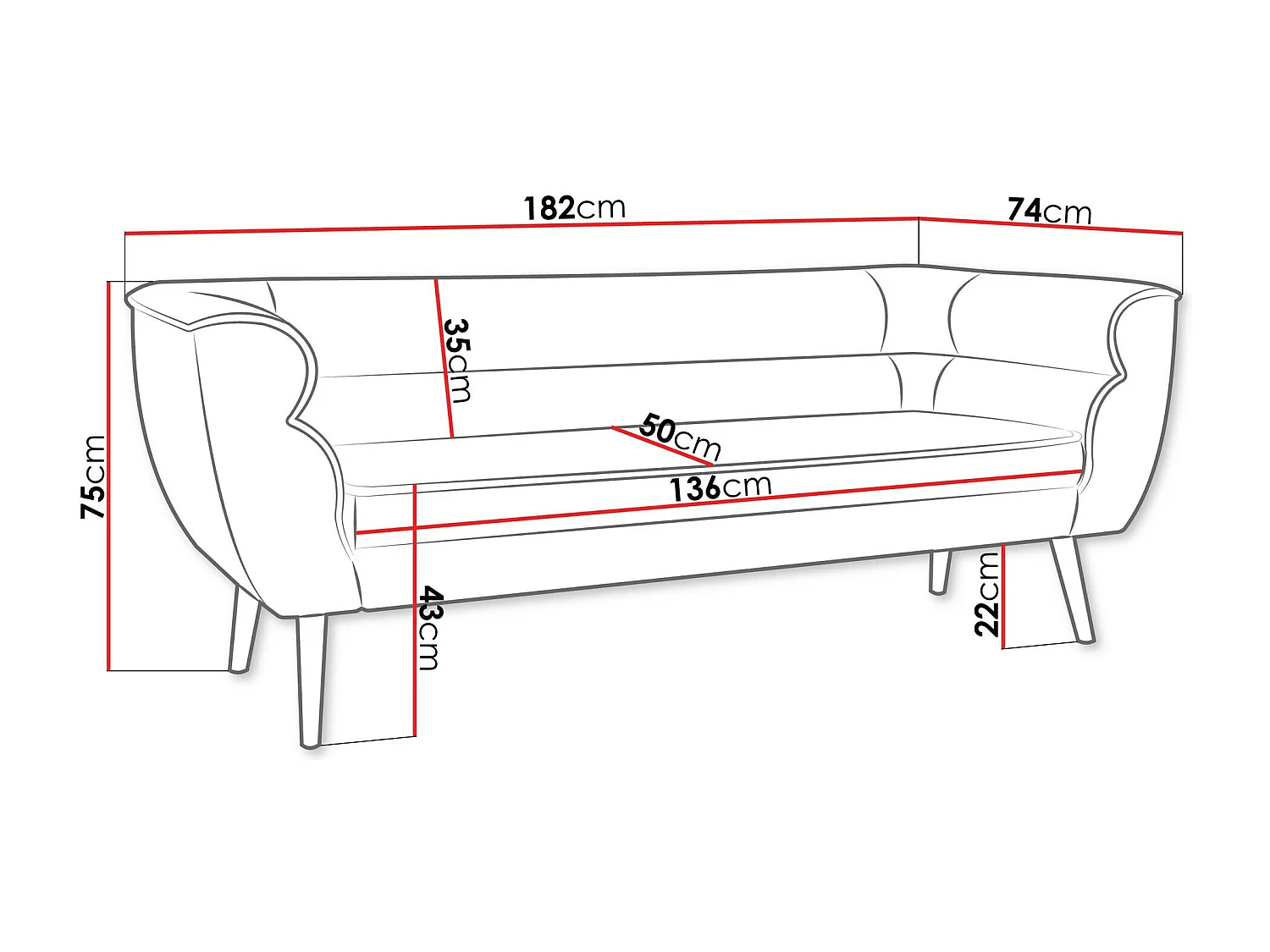 Canapé Glenview 100, Vert, 182x74x75cm, Tapisserie, Pieds: Bois