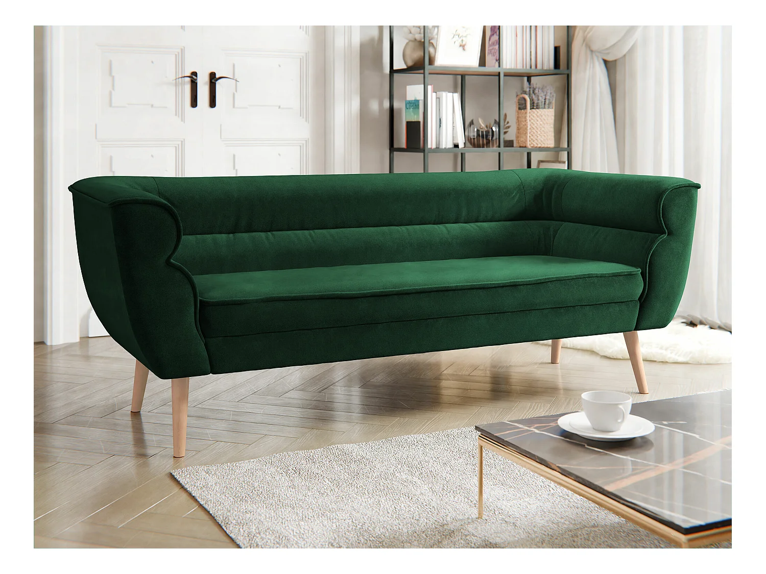 Canapé Glenview 100, Vert, 182x74x75cm, Tapisserie, Pieds: Bois