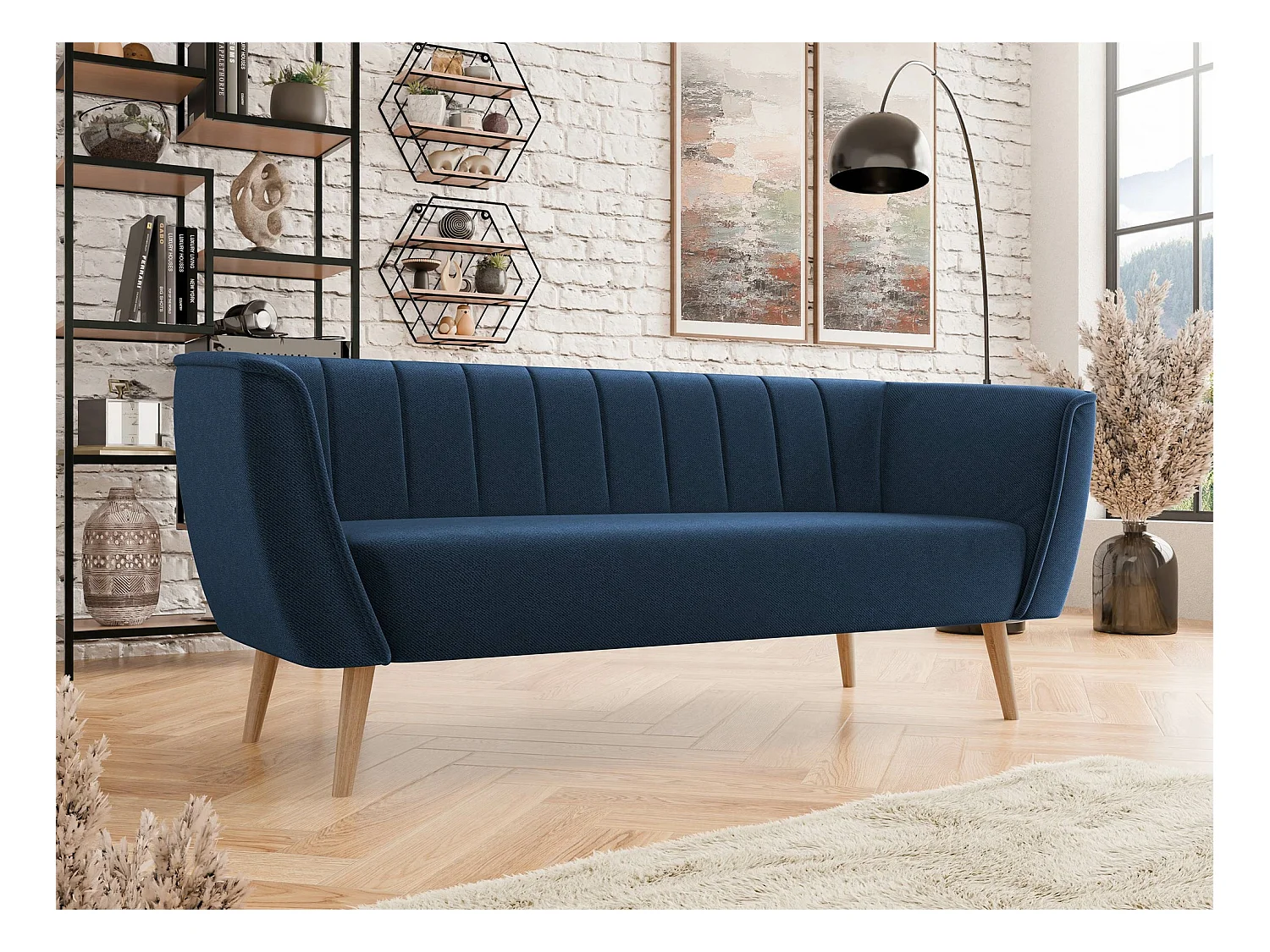 Canapé Glenview 103, Bleu, 182x74x75cm, Tapisserie, Pieds: Bois