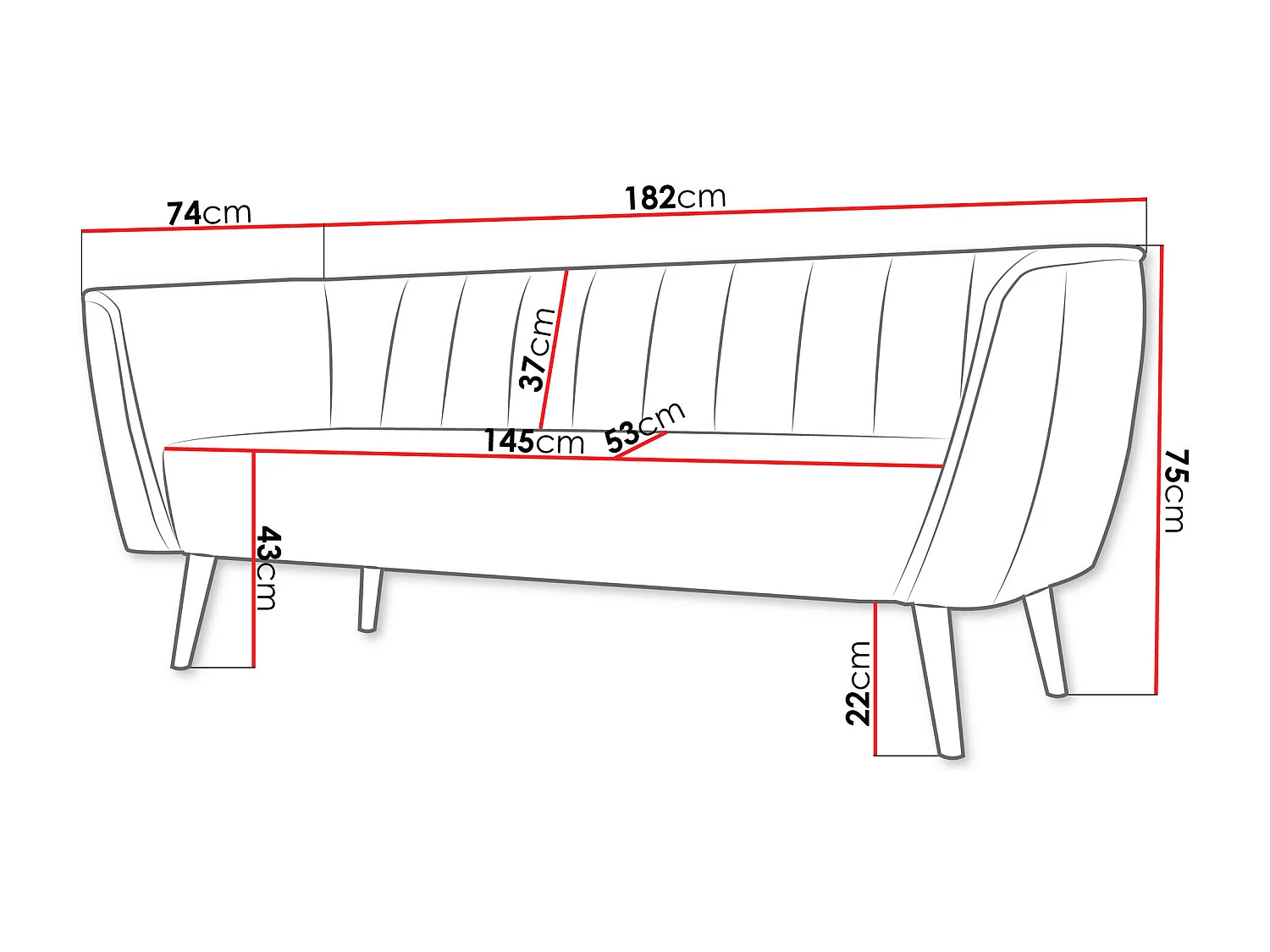 Canapé Glenview 103, Bleu, 182x74x75cm, Tissu, Pieds: Bois