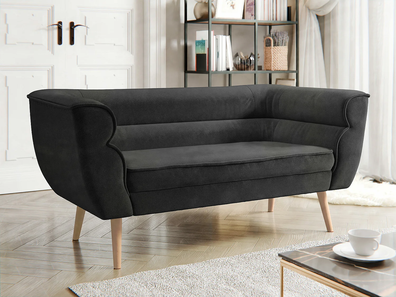 Canapé Glenview 101, Noir, 142x74x76cm, Tapisserie, Pieds: Bois