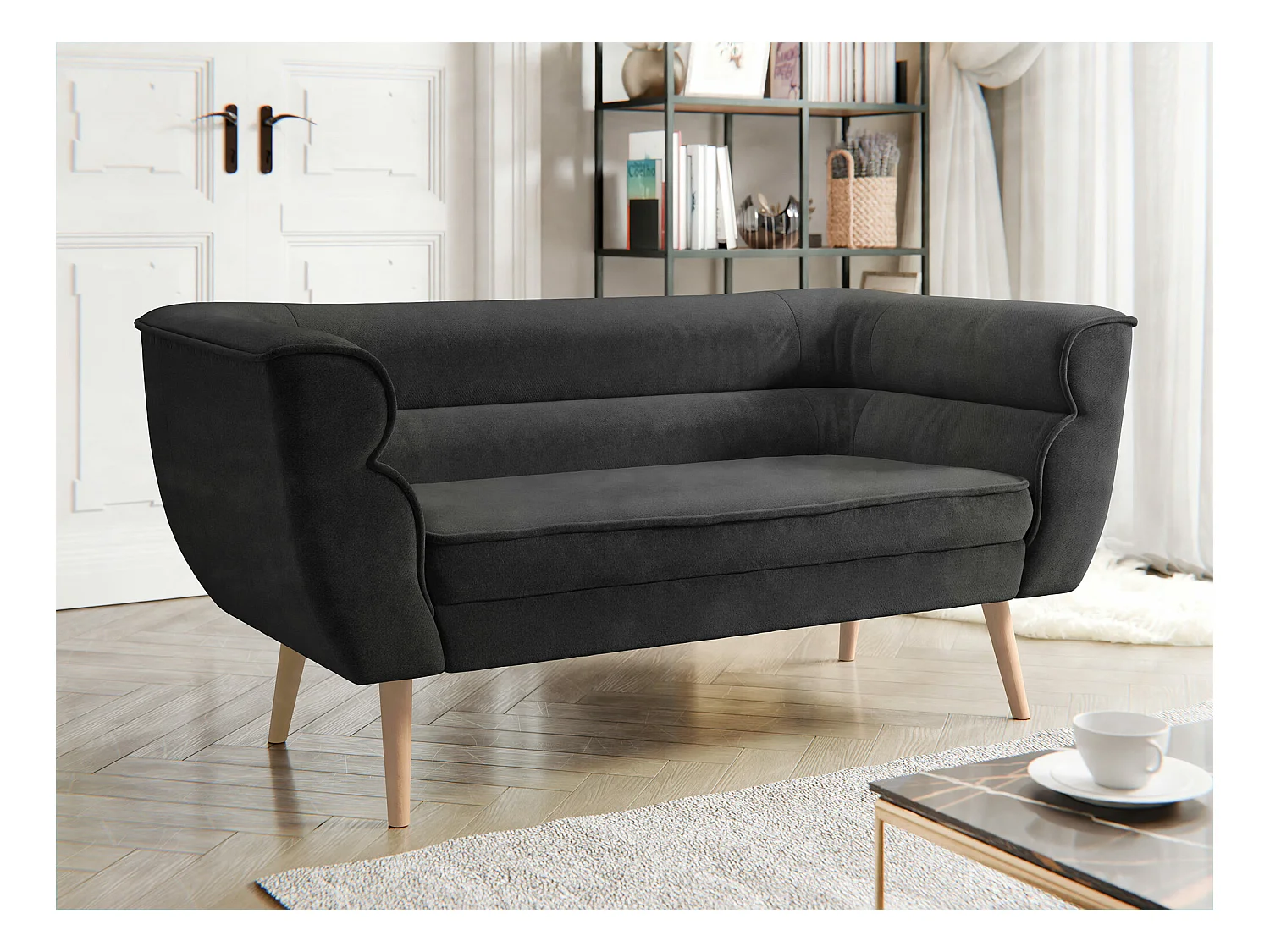 Canapé Glenview 101, Noir, 142x74x76cm, Tapisserie, Pieds: Bois