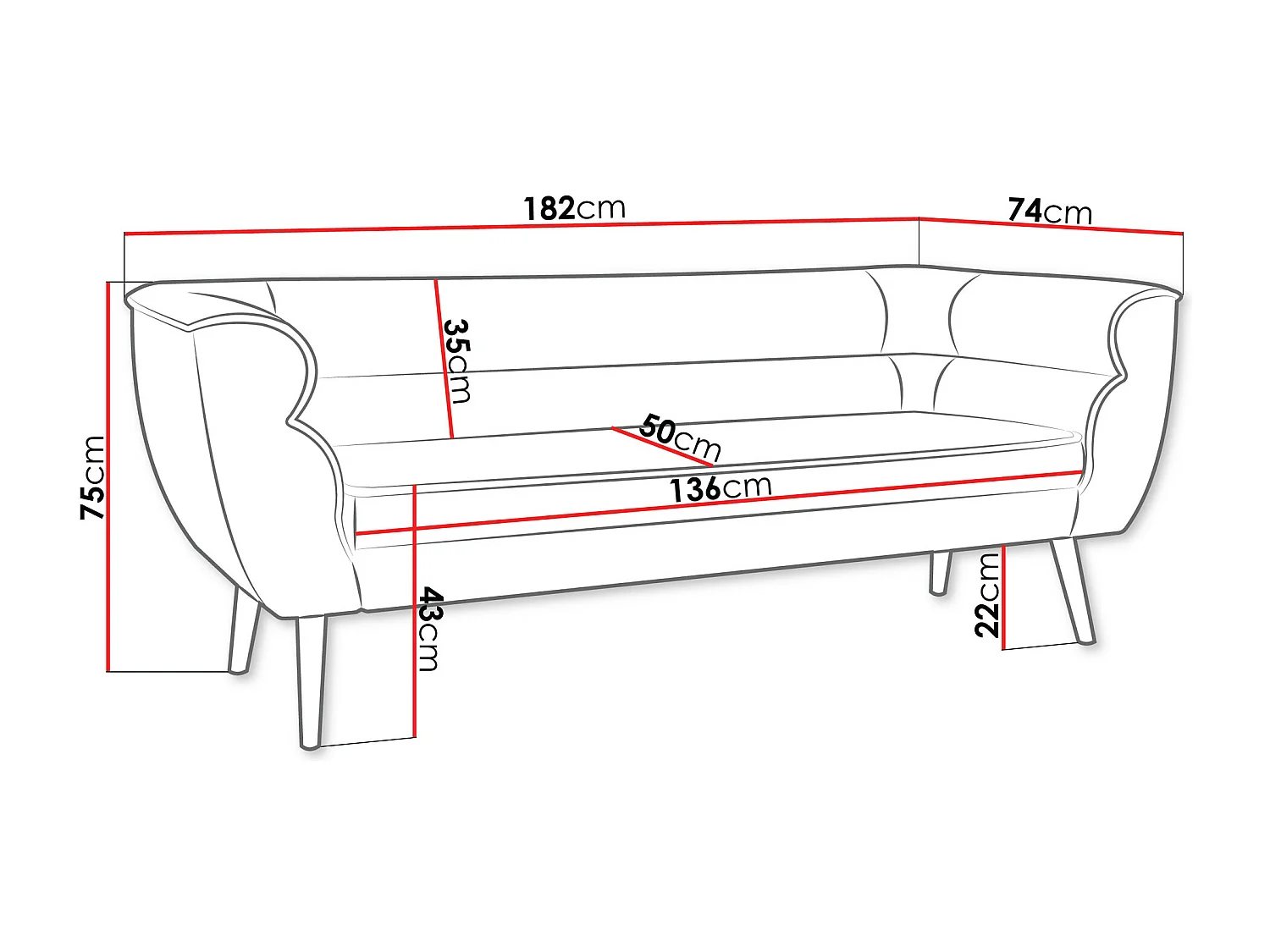 Canapé Glenview 100, Rose, 182x74x75cm, Tapisserie, Pieds: Bois