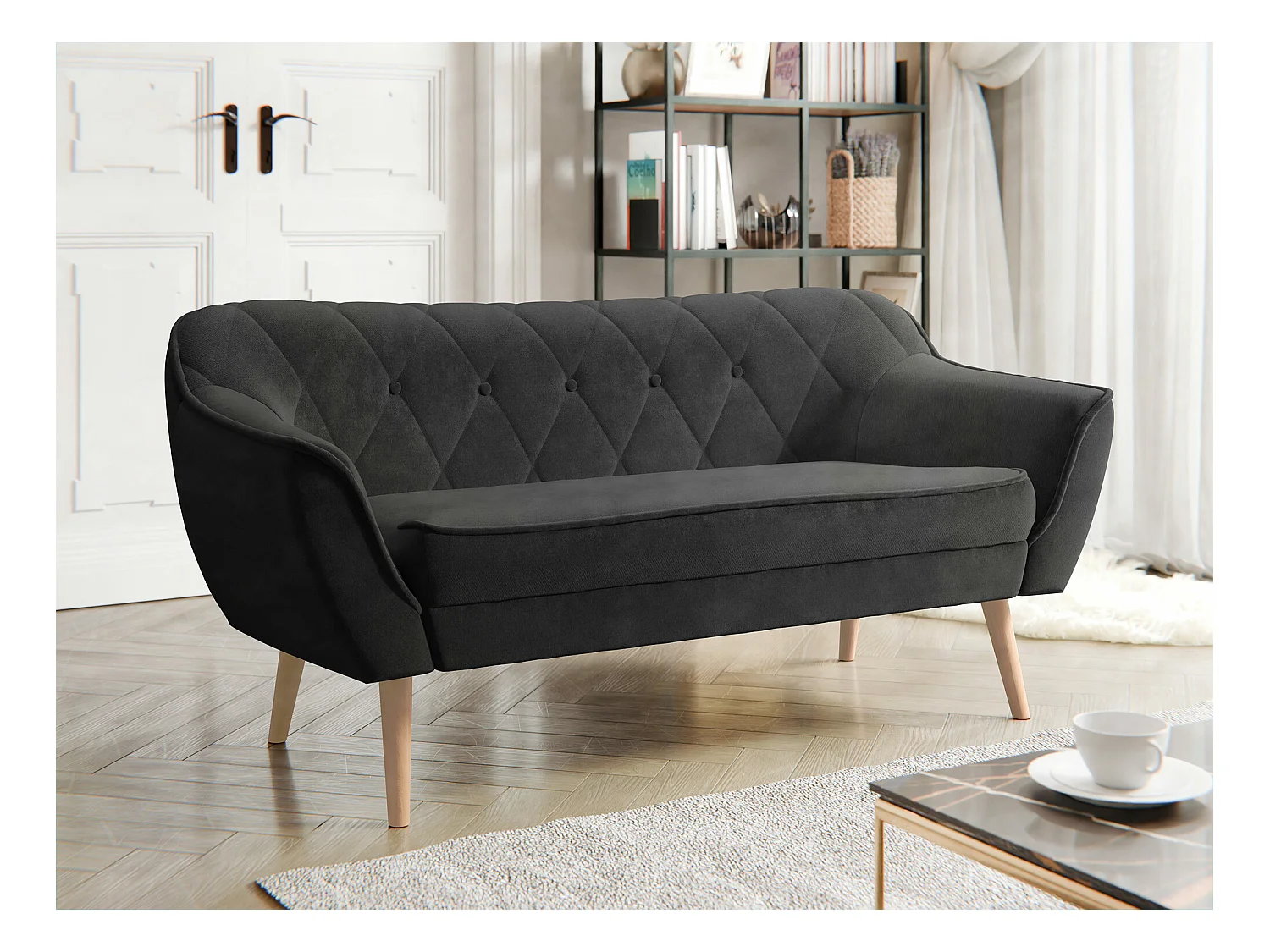 Canapé Glenview 107, Noir, 140x74x75cm, Tapisserie, Pieds: Bois