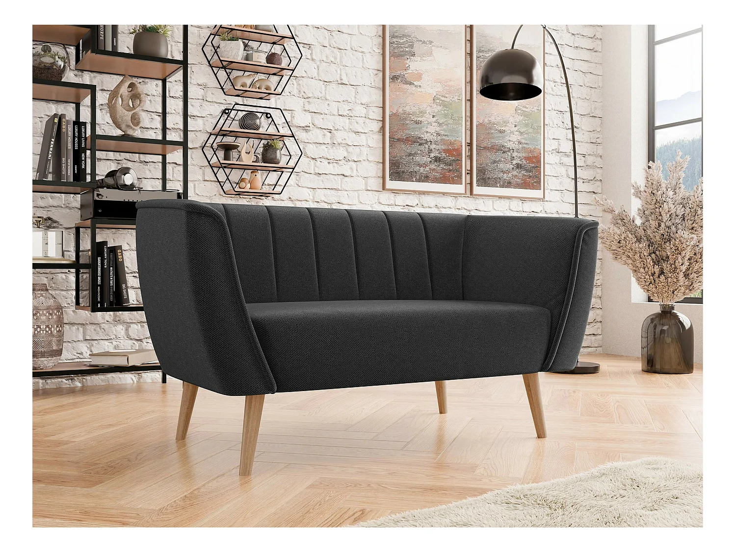 Canapé Glenview 104, Noir, 142x74x75cm, Tapisserie, Pieds: Bois