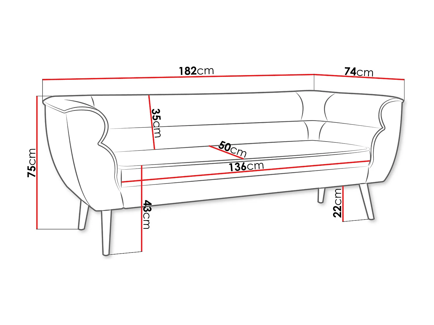Canapé Glenview 100, Gris, 182x74x75cm, Tissu, Pieds: Bois
