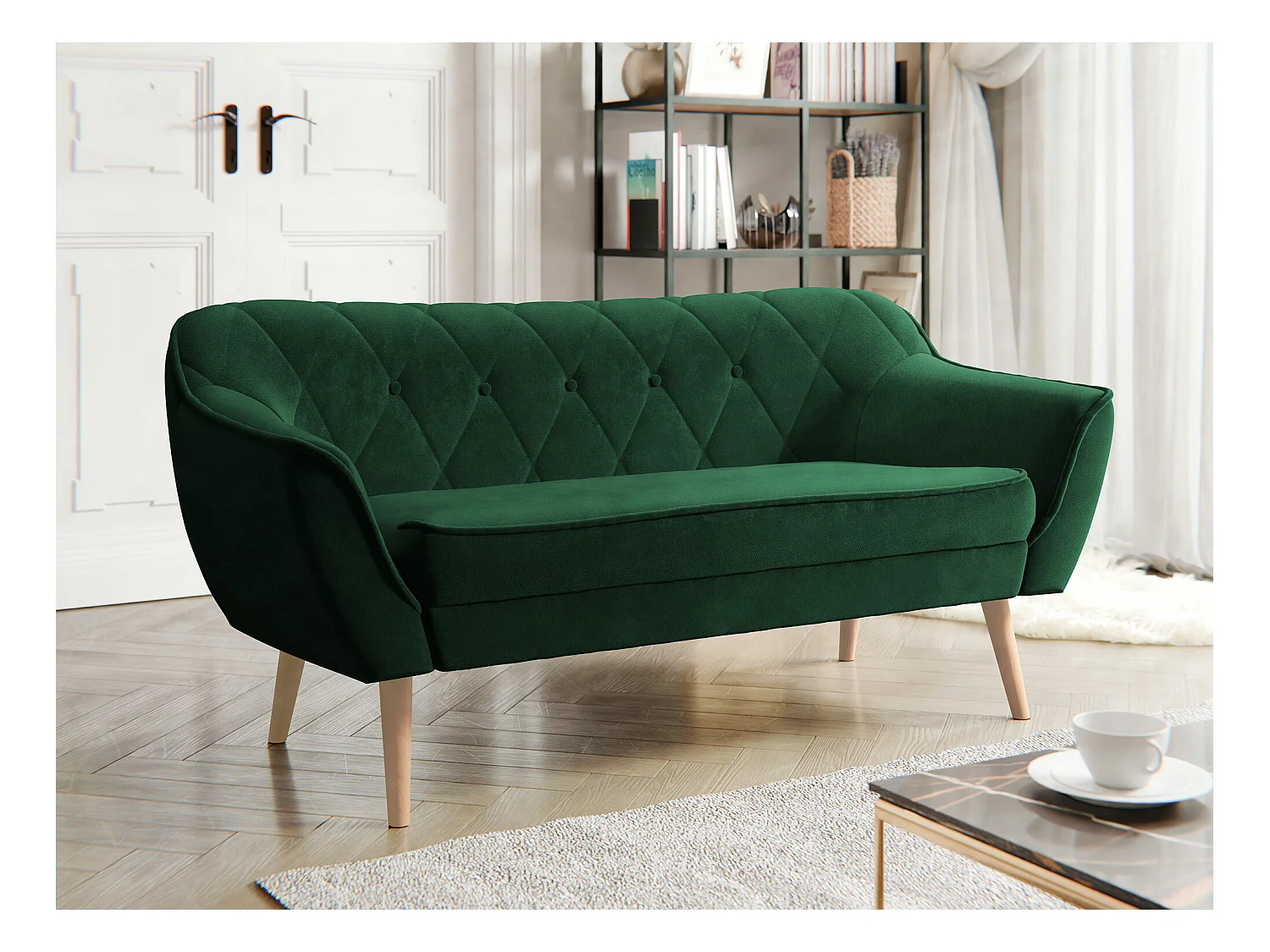 Canapé Glenview 107, Vert, 140x74x75cm, Tapisserie, Pieds: Bois