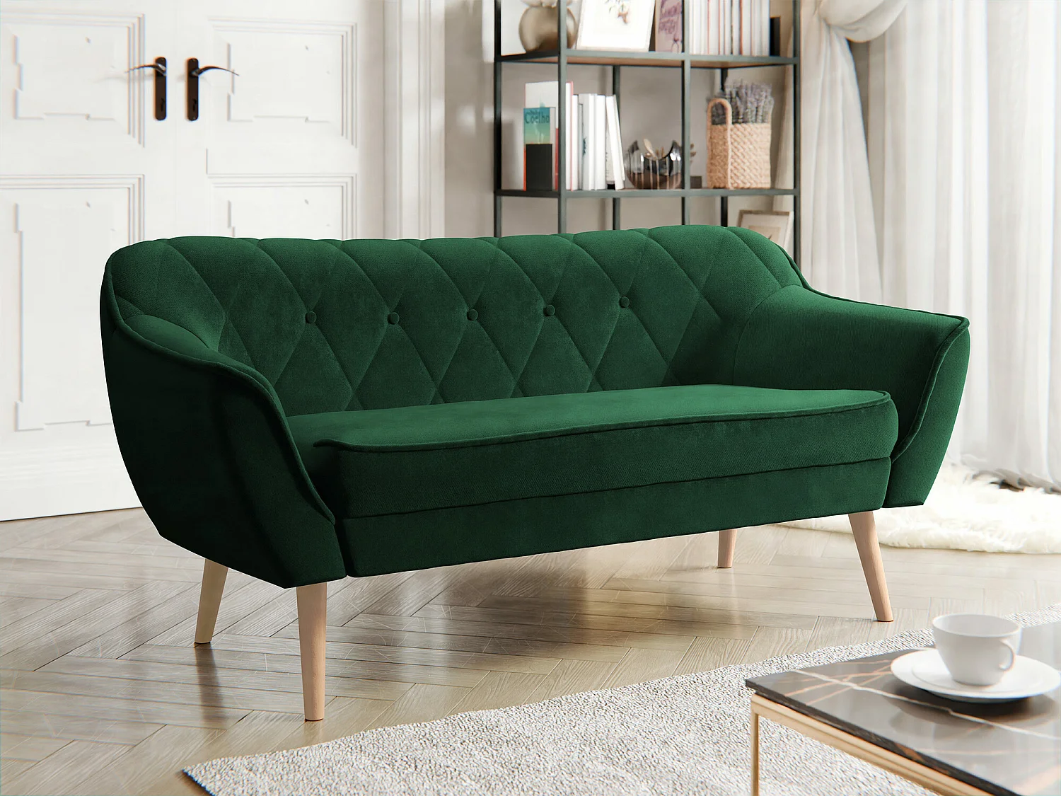 Canapé Glenview 107, Vert, 140x74x75cm, Tissu, Pieds: Bois