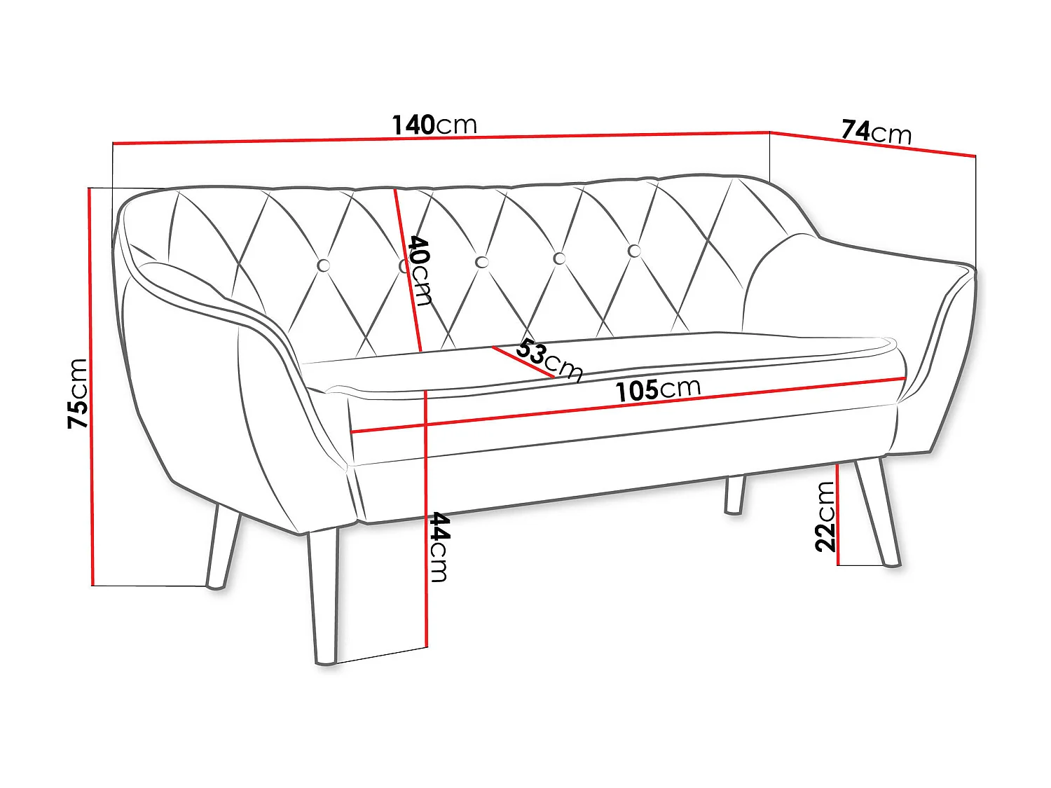 Canapé Glenview 107, Vert, 140x74x75cm, Tissu, Pieds: Bois