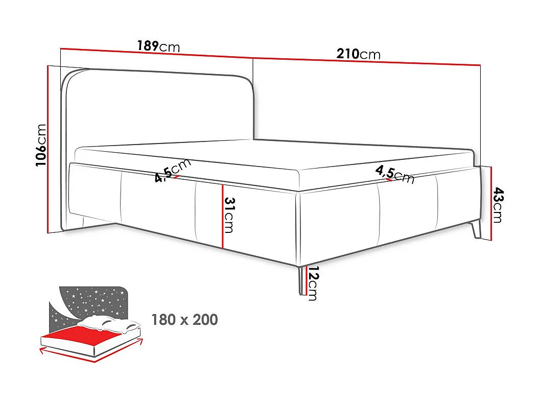 Lit ComfiDream Lumila, Double, Brun clair, 180x200, Tissu, Disponible, 189x210x106cm